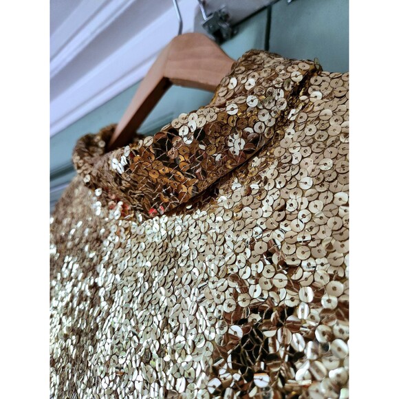 Vintage 50s 60s Gold Sequin Cocktail Dress: Mod Long Sleeve Shift, Women's M/L - Picture 6 of 13